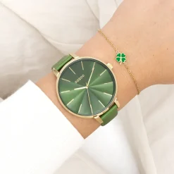 Goudkleurige OOZOO horloge met groene leren band - C11349