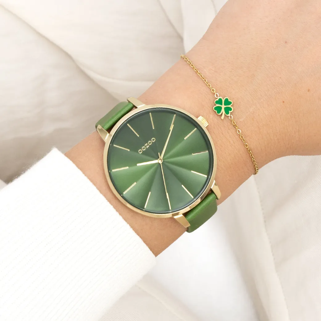 Goudkleurige OOZOO horloge met groene leren band - C11349
