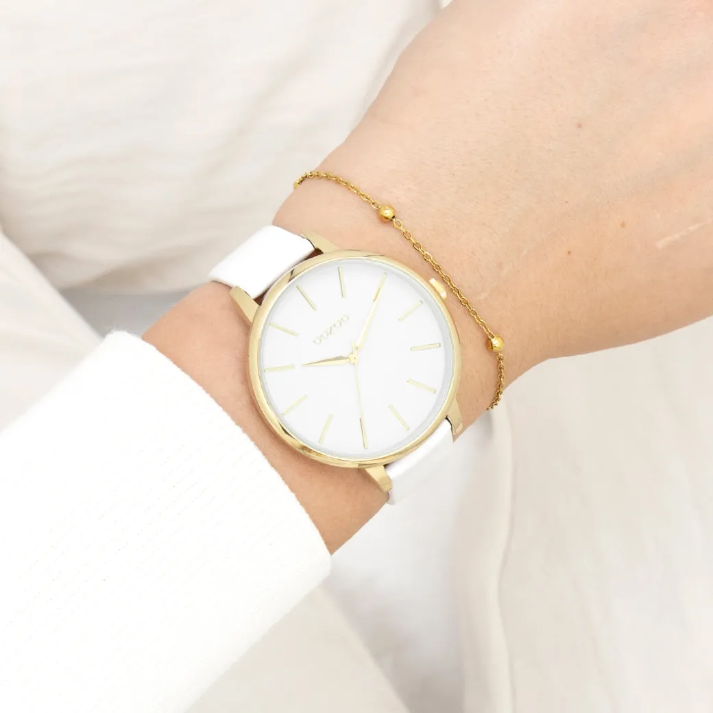 Goudkleurige OOZOO horloge met witte leren band - C11359