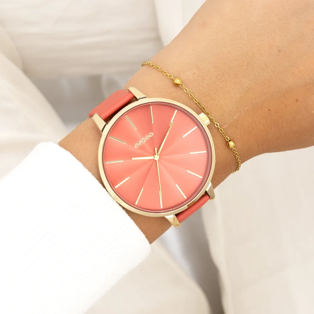 Goudkleurige OOZOO horloge met rode leren band - C11255