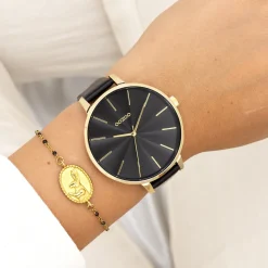 Goudkleurige OOZOO horloge met zwarte leren band - C11259