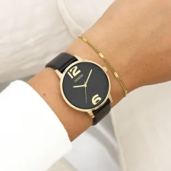 Goudkleurige OOZOO horloge met zwarte leren band - C11239