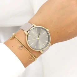 Goudkleurige OOZOO horloge met taupe leren band - C11291