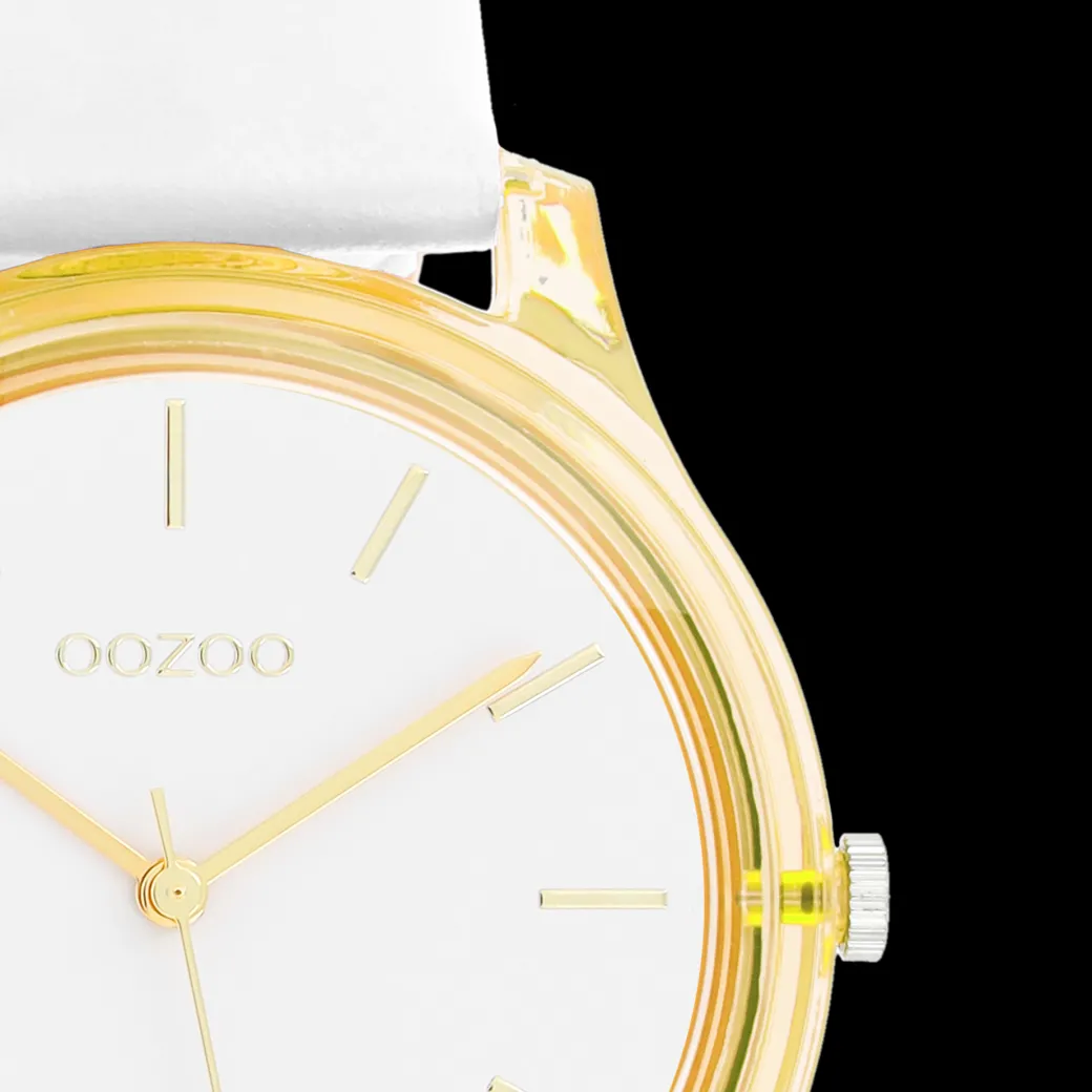 Goudkleurige OOZOO horloge met witte leren band - C11136