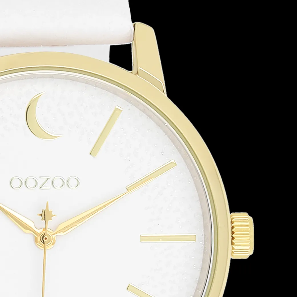 Goudkleurige OOZOO horloge met witte leren band - C11156