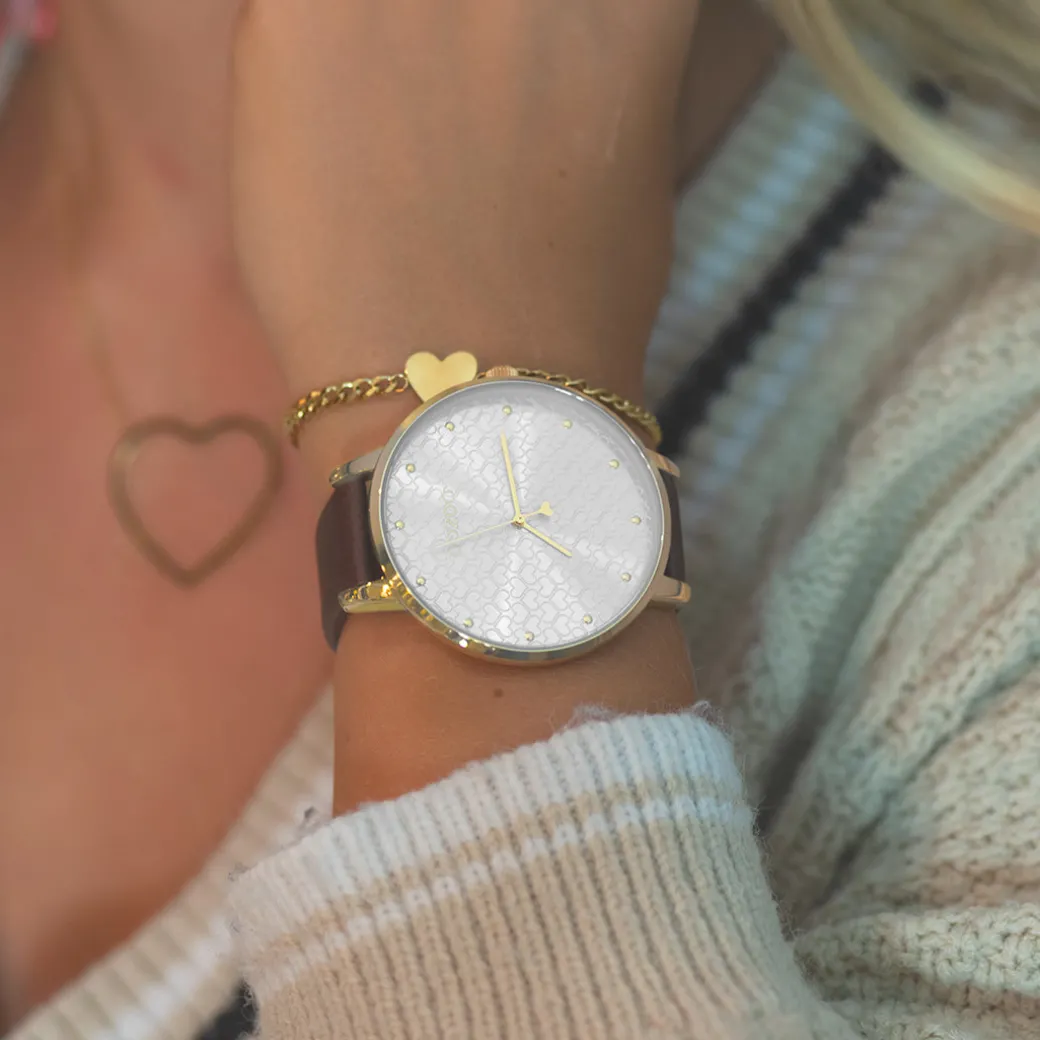 Goudkleurige OOZOO horloge met bruine leren band - C11038