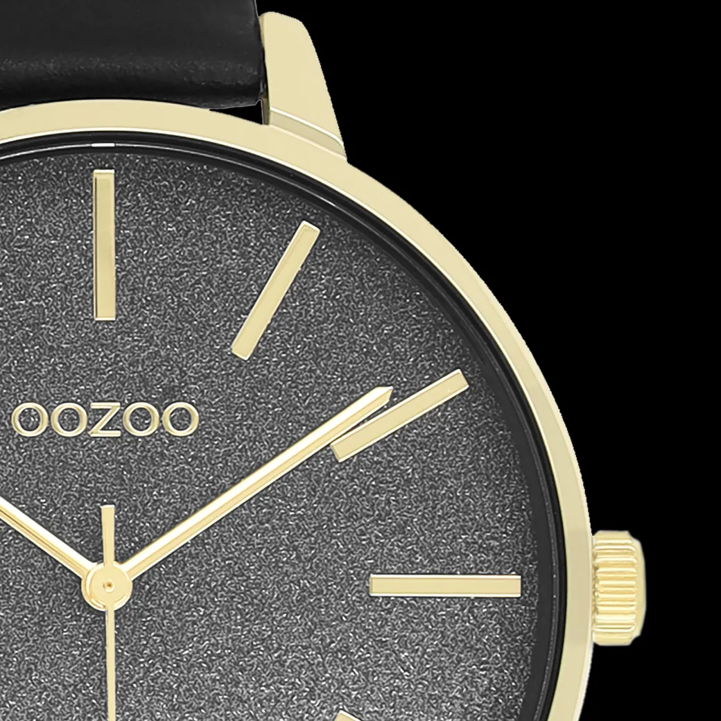 Goudkleurige OOZOO horloge met zwarte leren band - C11034