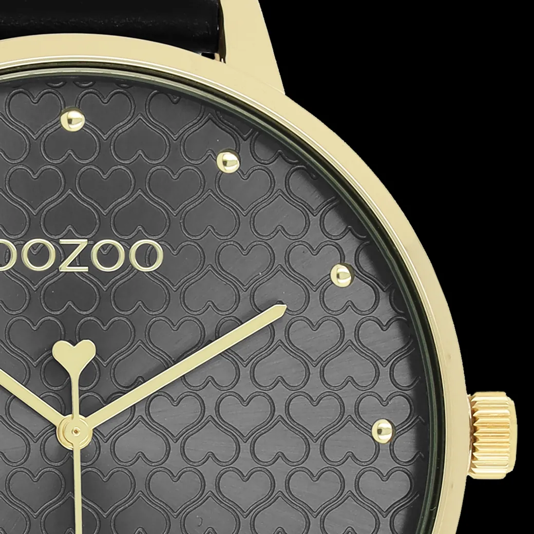 Goudkleurige OOZOO horloge met zwarte leren band - C11039