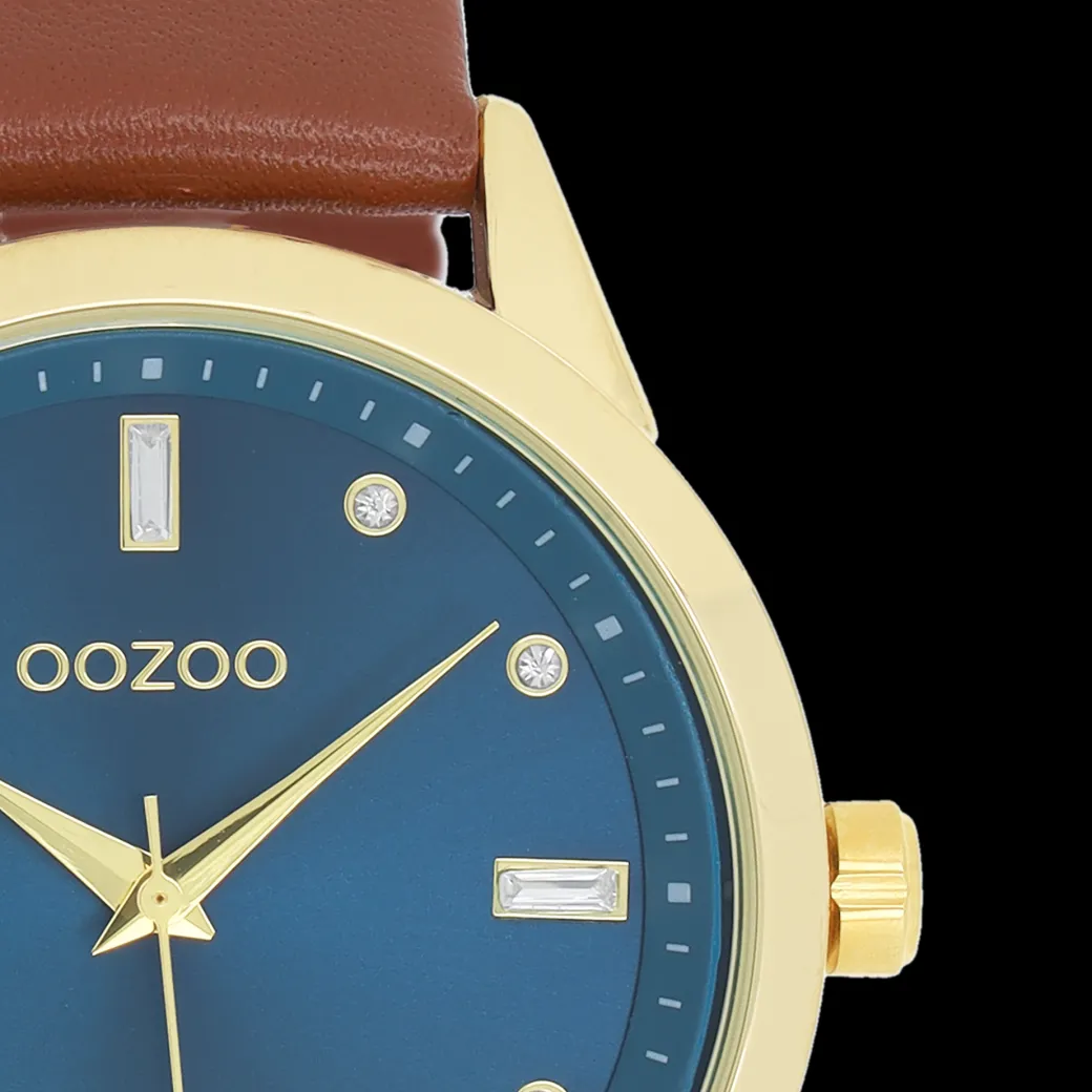 Goudkleurige OOZOO horloge met bruine leren band - C11438