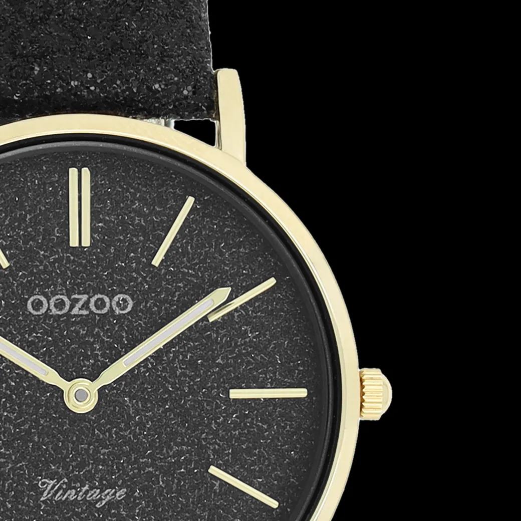 Goudkleurige OOZOO horloge met zwarte leren band - C20204