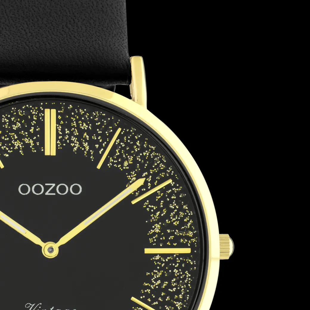 Goudkleurige OOZOO horloge met zwarte leren band - C20186