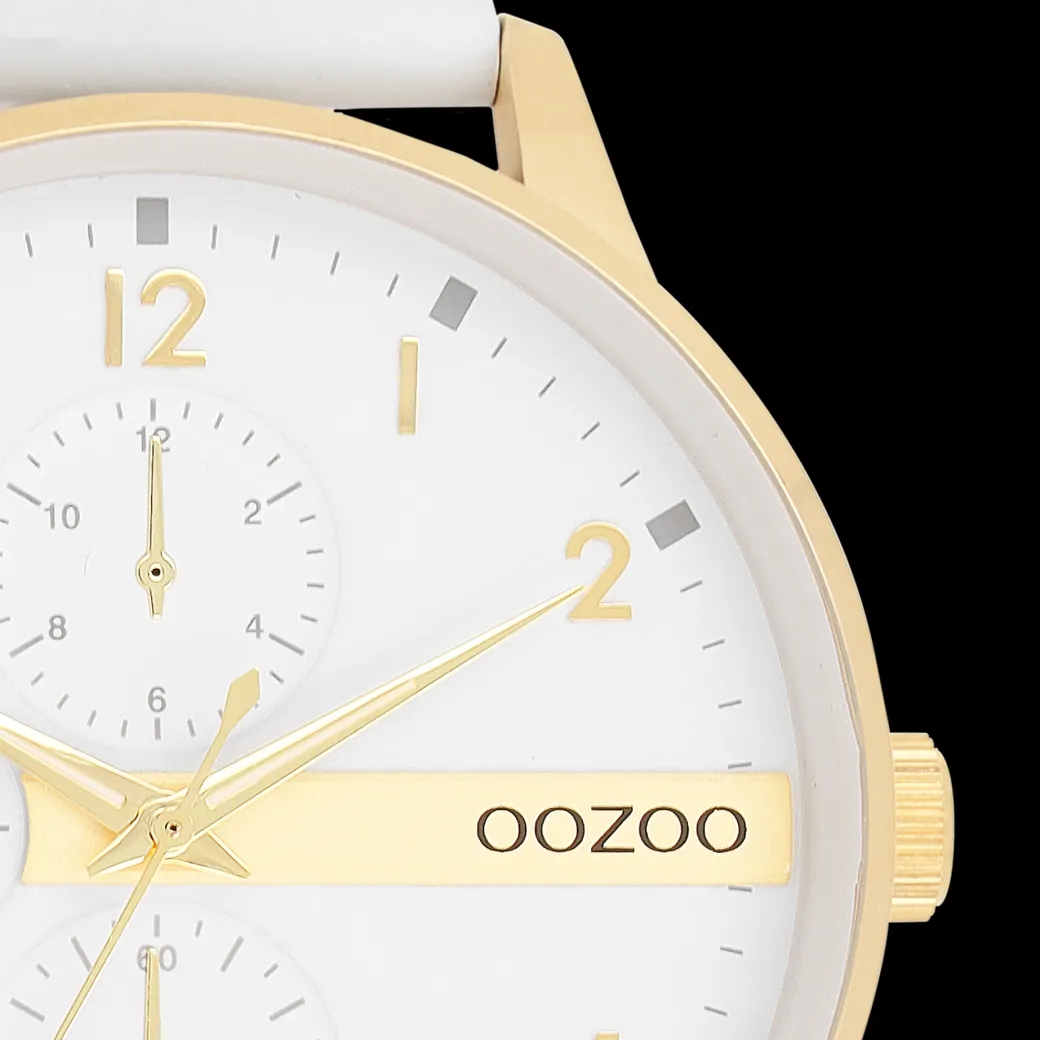Goudkleurige OOZOO horloge met witte leren band - C11305