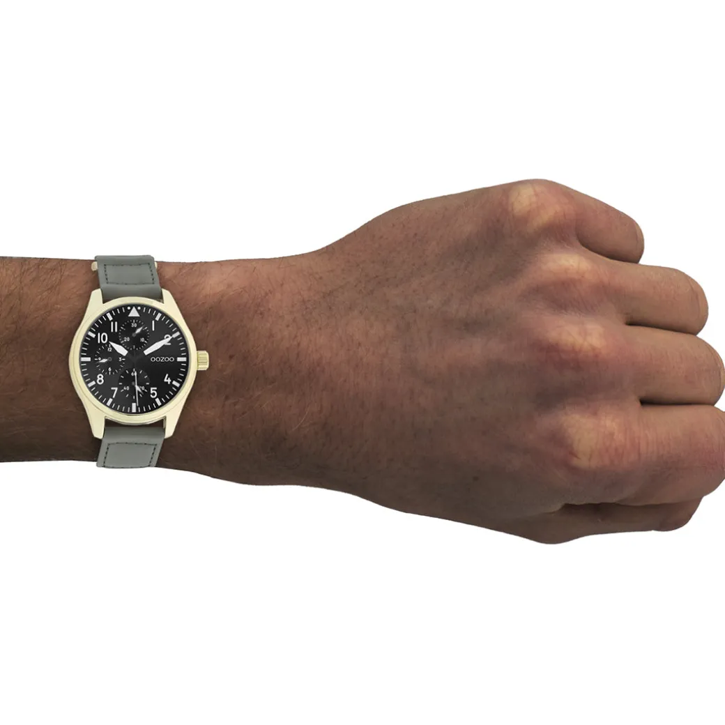 Goudkleurige OOZOO horloge met steengrijze klittenband polsband - C11008