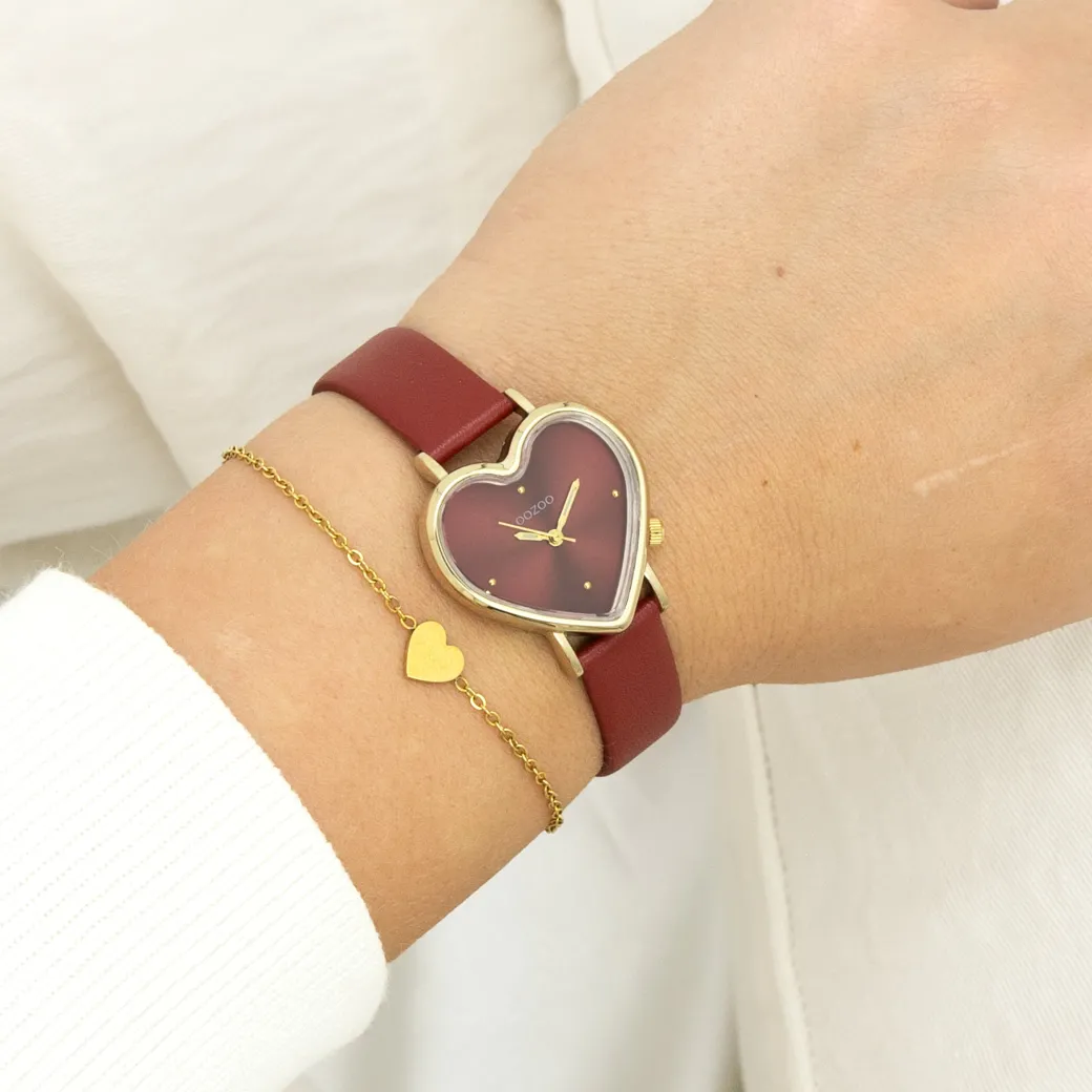 Goudkleurige OOZOO horloge met bordeaux rode leren band - C11454