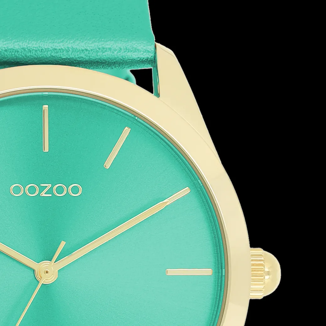 Goudkleurige OOZOO horloge met aqua groene leren band - C11339