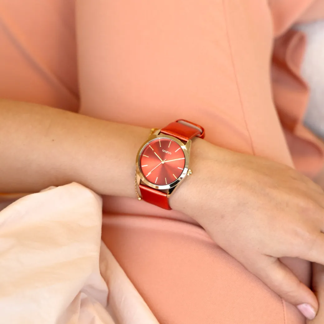 Goudkleurige OOZOO horloge met rode leren band - C11335