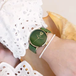 Goudkleurige OOZOO horloge met groene leren band - C11344