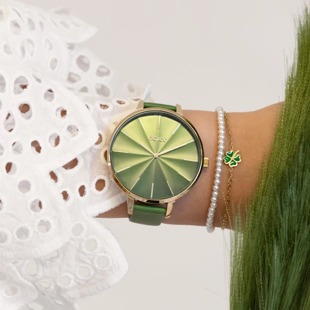 Goudkleurige OOZOO horloge met groene leren band - C11349