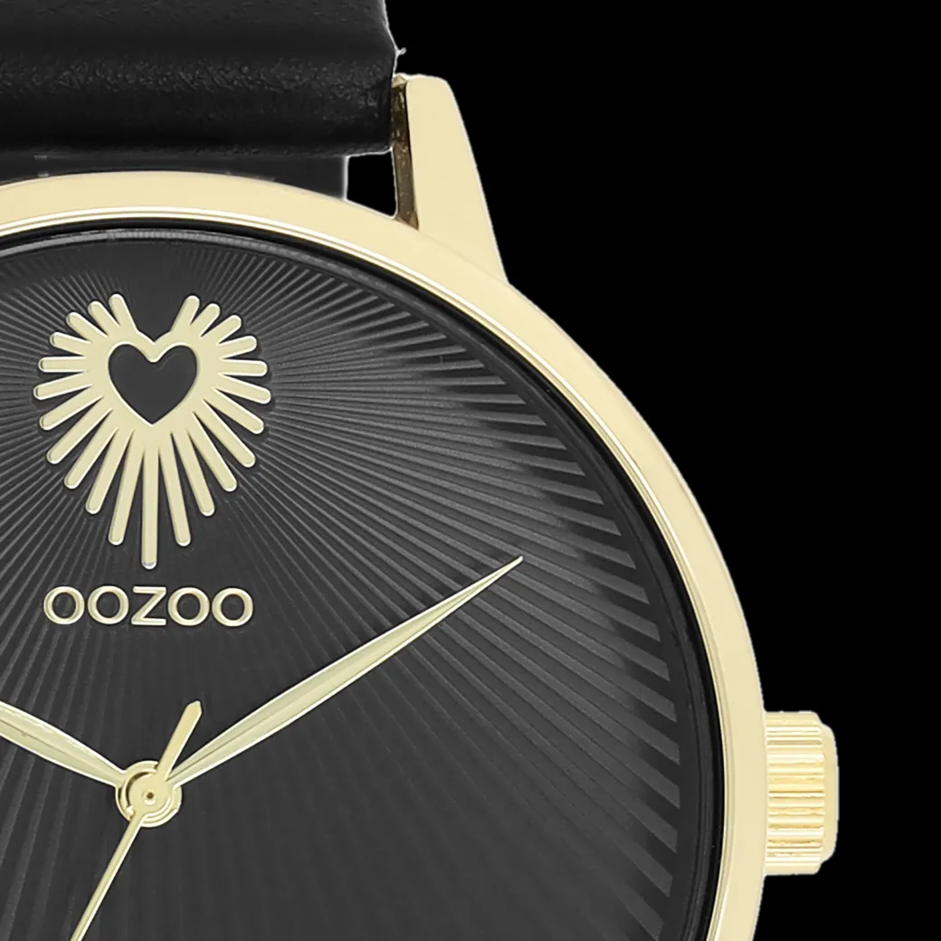 Goudkleurige OOZOO horloge met zwarte leren band - C11242