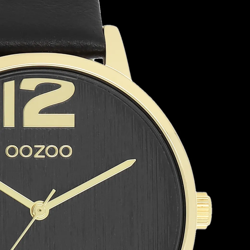 Goudkleurige OOZOO horloge met zwarte leren band - C11239