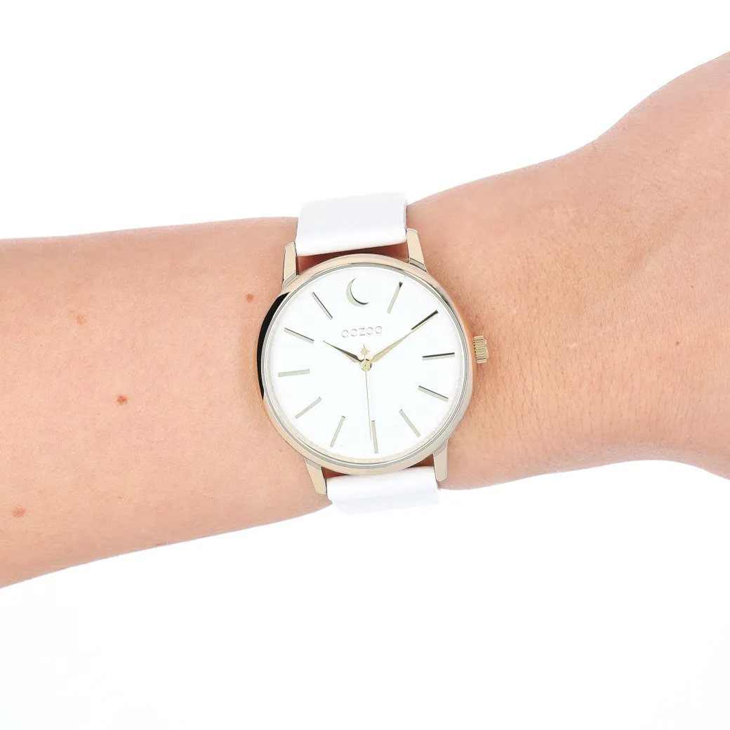 Goudkleurige OOZOO horloge met witte leren band - C11156