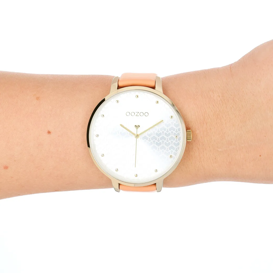 Goudkleurige OOZOO horloge met perzik roze leren band - C11036