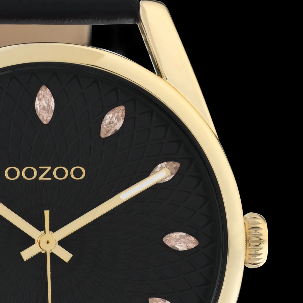 Goudkleurige OOZOO horloge met zwarte leren band - C10842