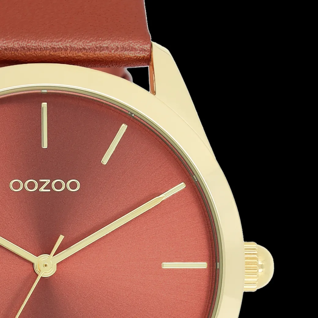 Goudkleurige OOZOO horloge met rode leren band - C11335