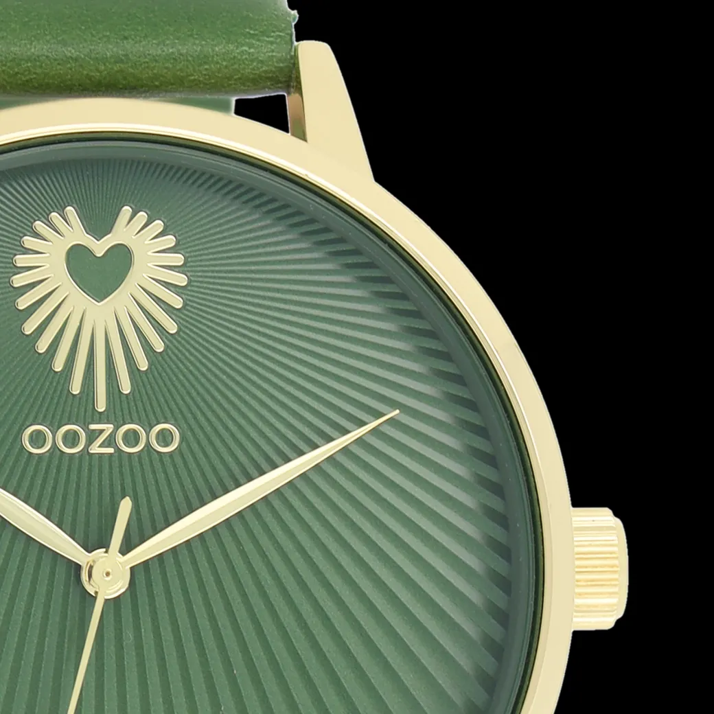 Goudkleurige OOZOO horloge met groene leren band - C11344