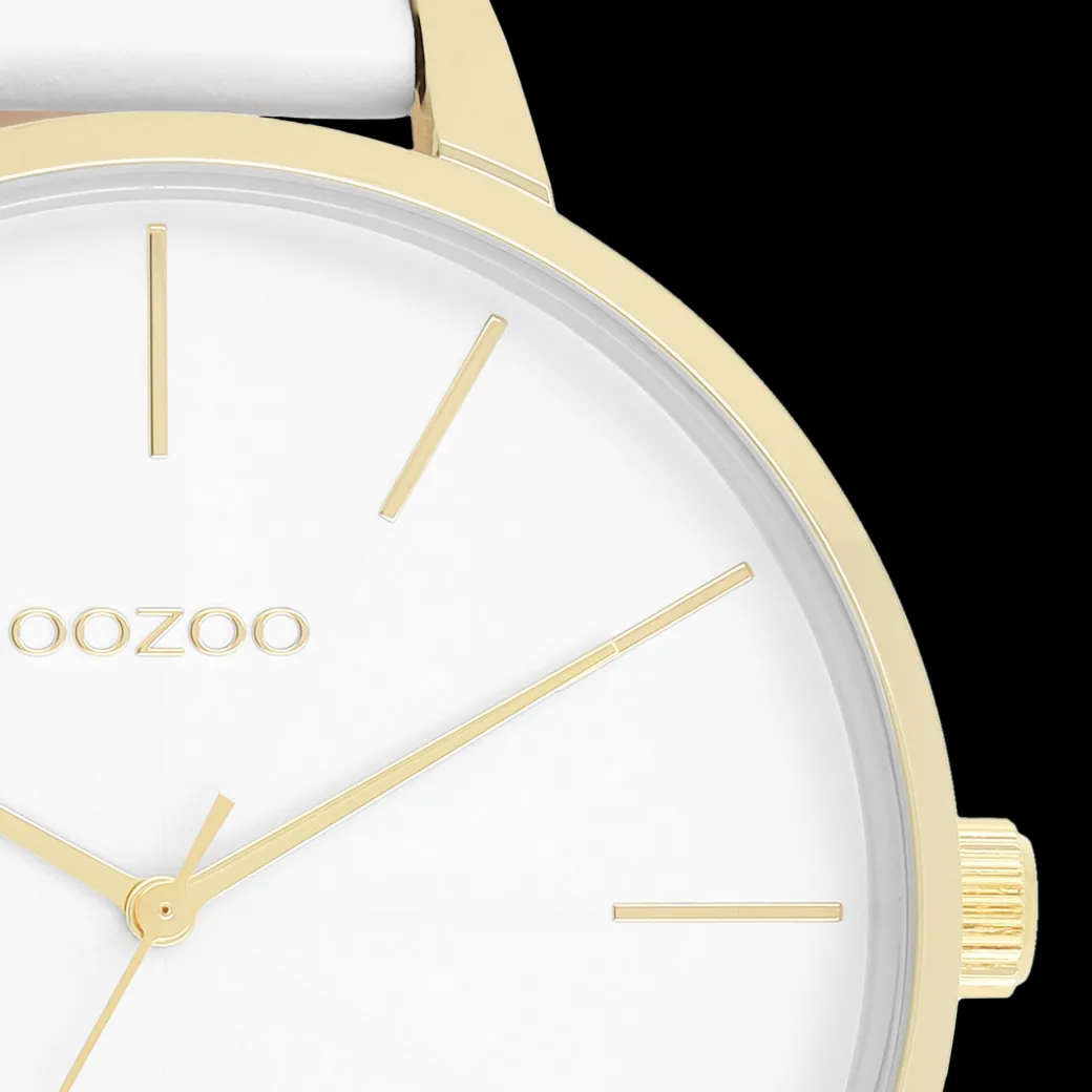 Goudkleurige OOZOO horloge met witte leren band - C11346