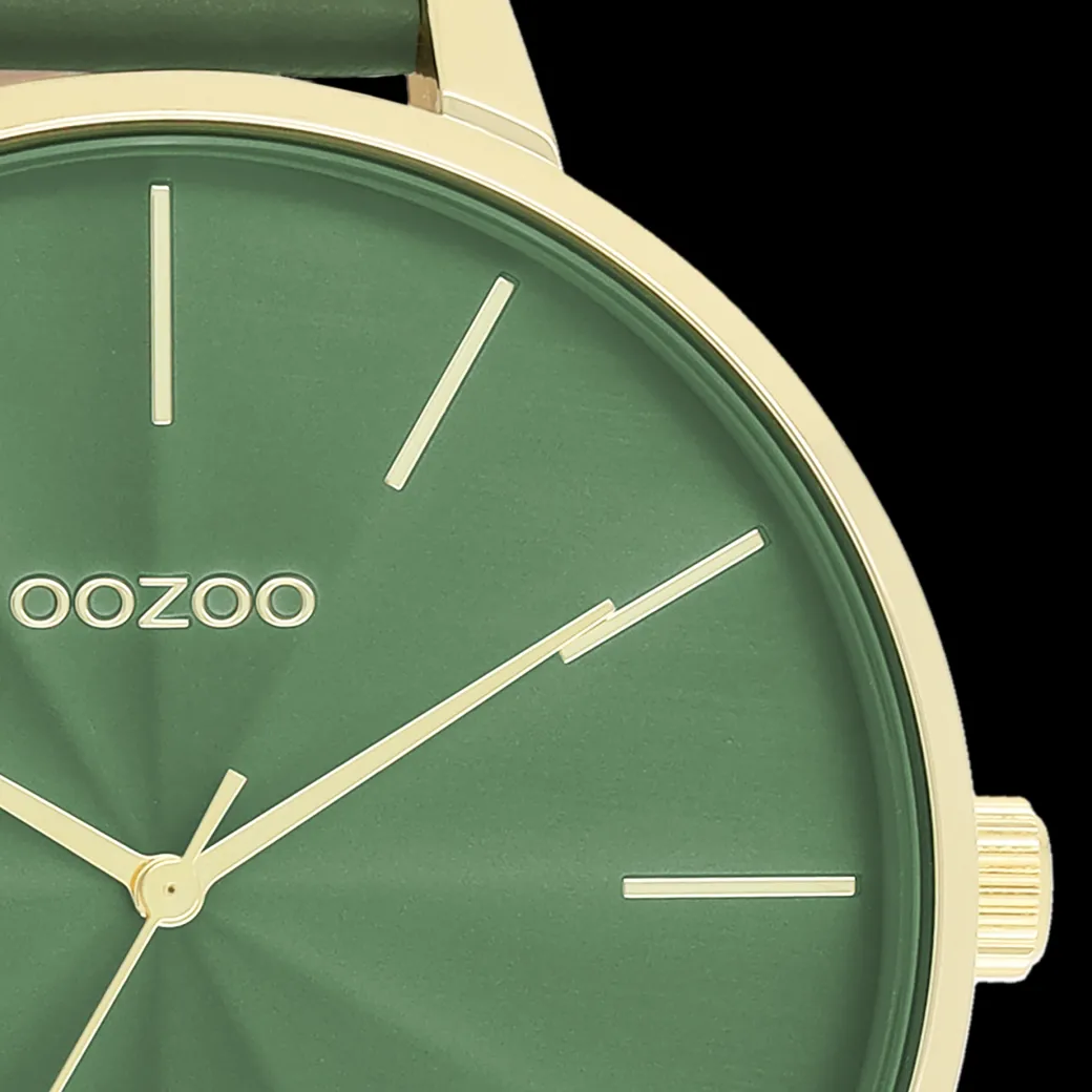 Goudkleurige OOZOO horloge met groene leren band - C11349