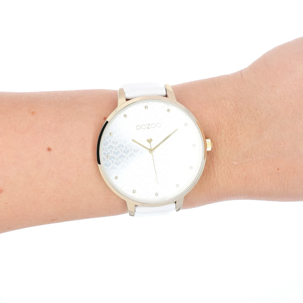 Goudkleurige OOZOO horloge met witte leren band - C11158
