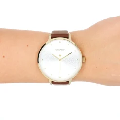 Goudkleurige OOZOO horloge met bruine leren band - C11038