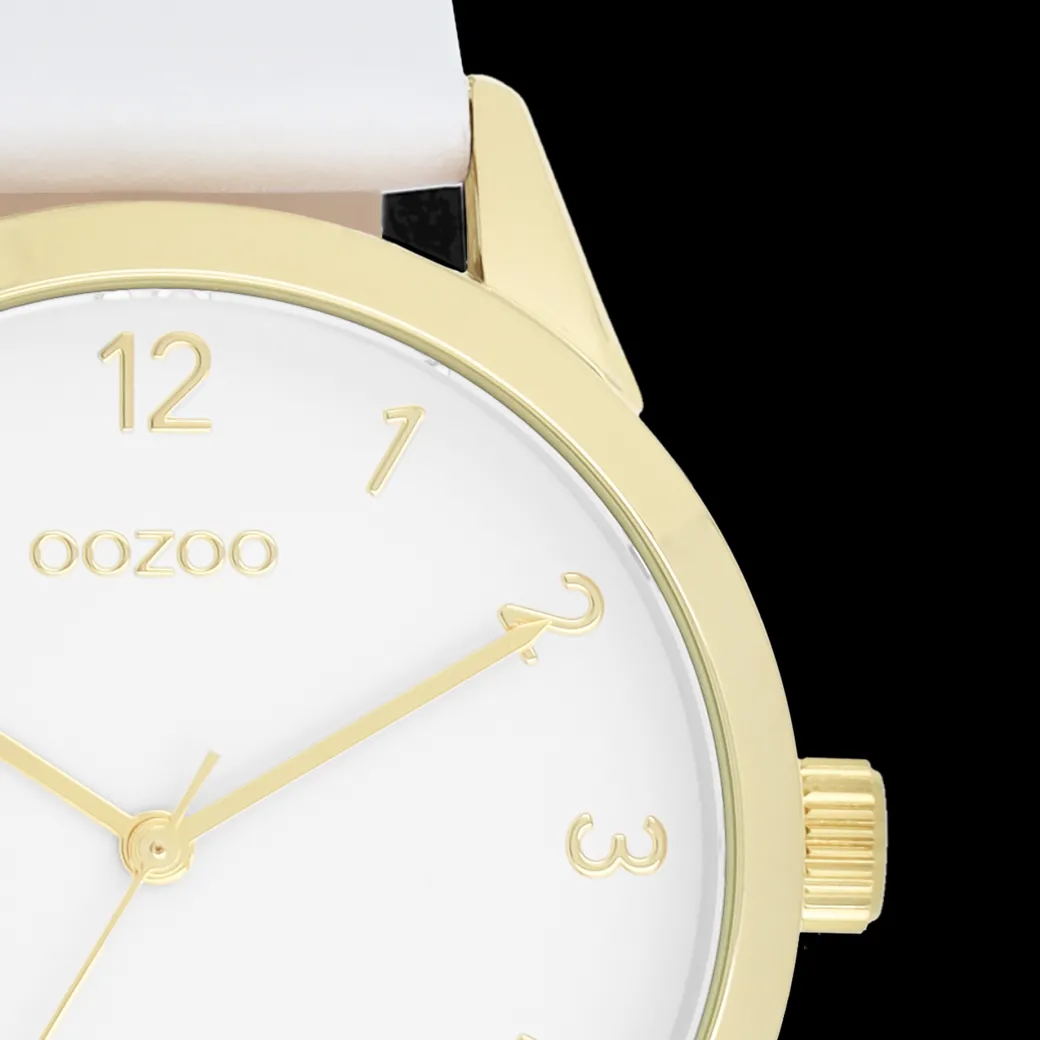 Goudkleurige OOZOO horloge met witte leren band - C11325