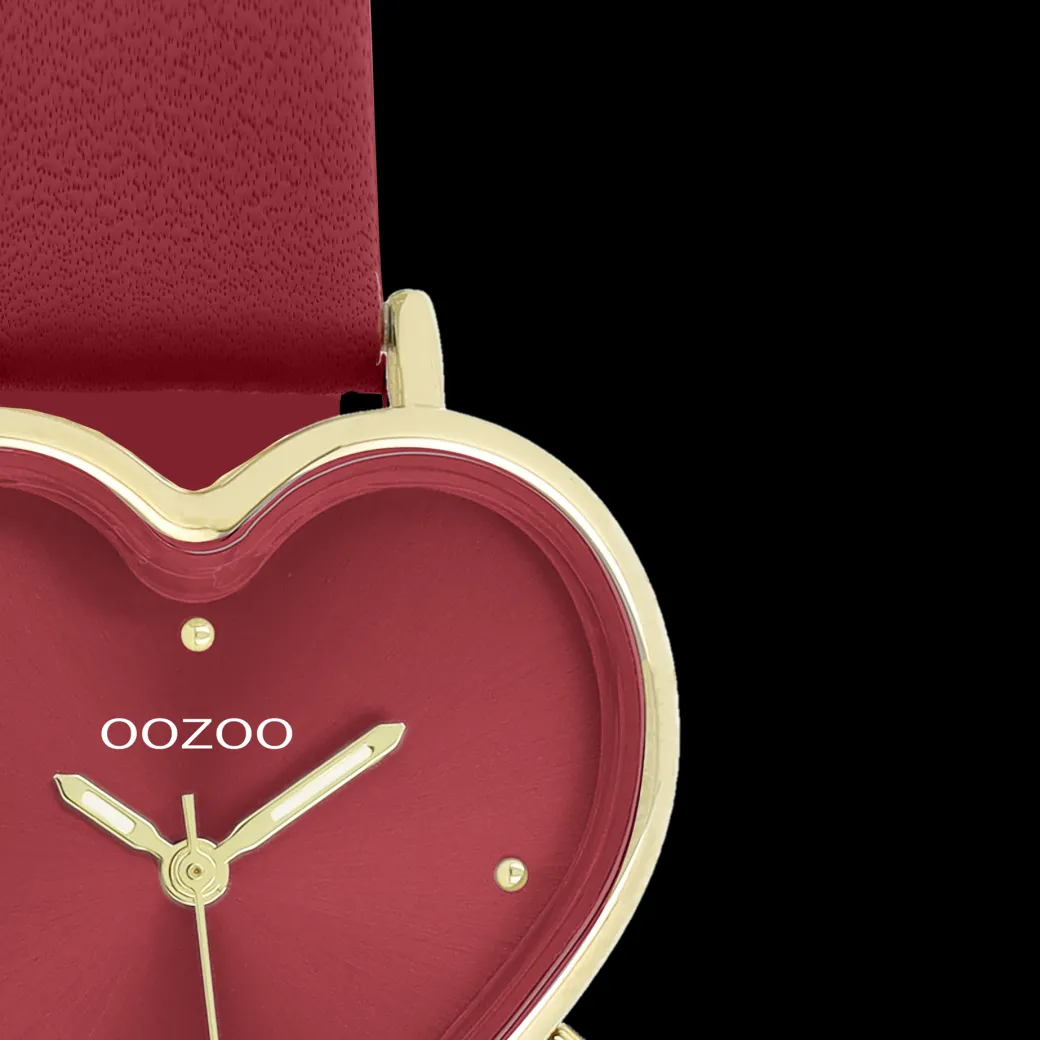 Goudkleurige OOZOO horloge met bordeaux rode leren band - C11454