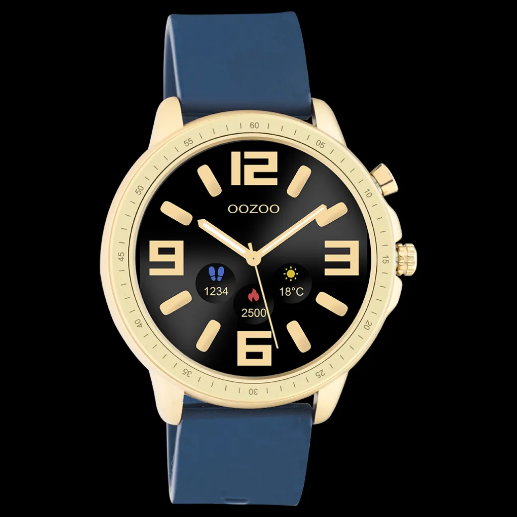 Goudkleurige OOZOO smartwatch met donker blauwe rubber band - Q00321