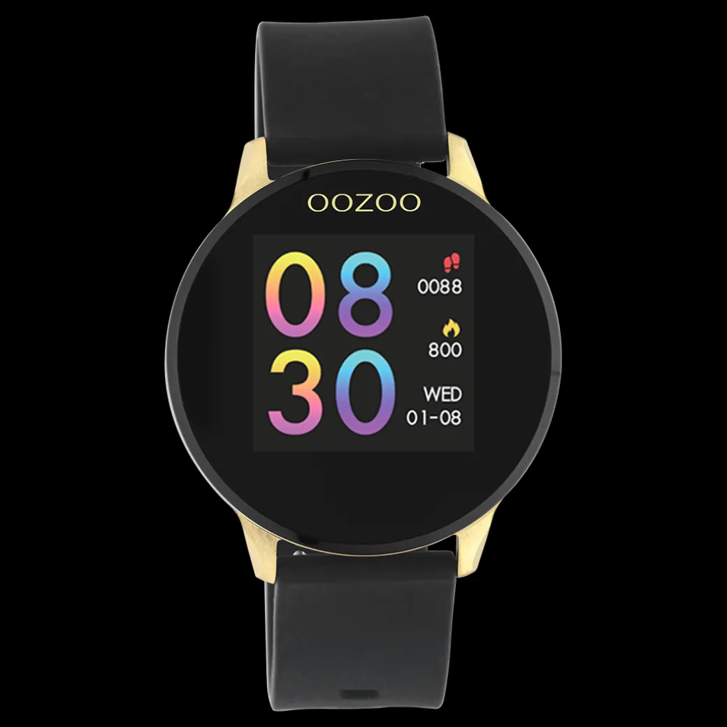 Goudkleurige OOZOO smartwatch met zwarte rubber band - Q00120