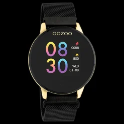 Goudkleurige OOZOO smartwatch met zwarte metalen mesh armband - Q00122