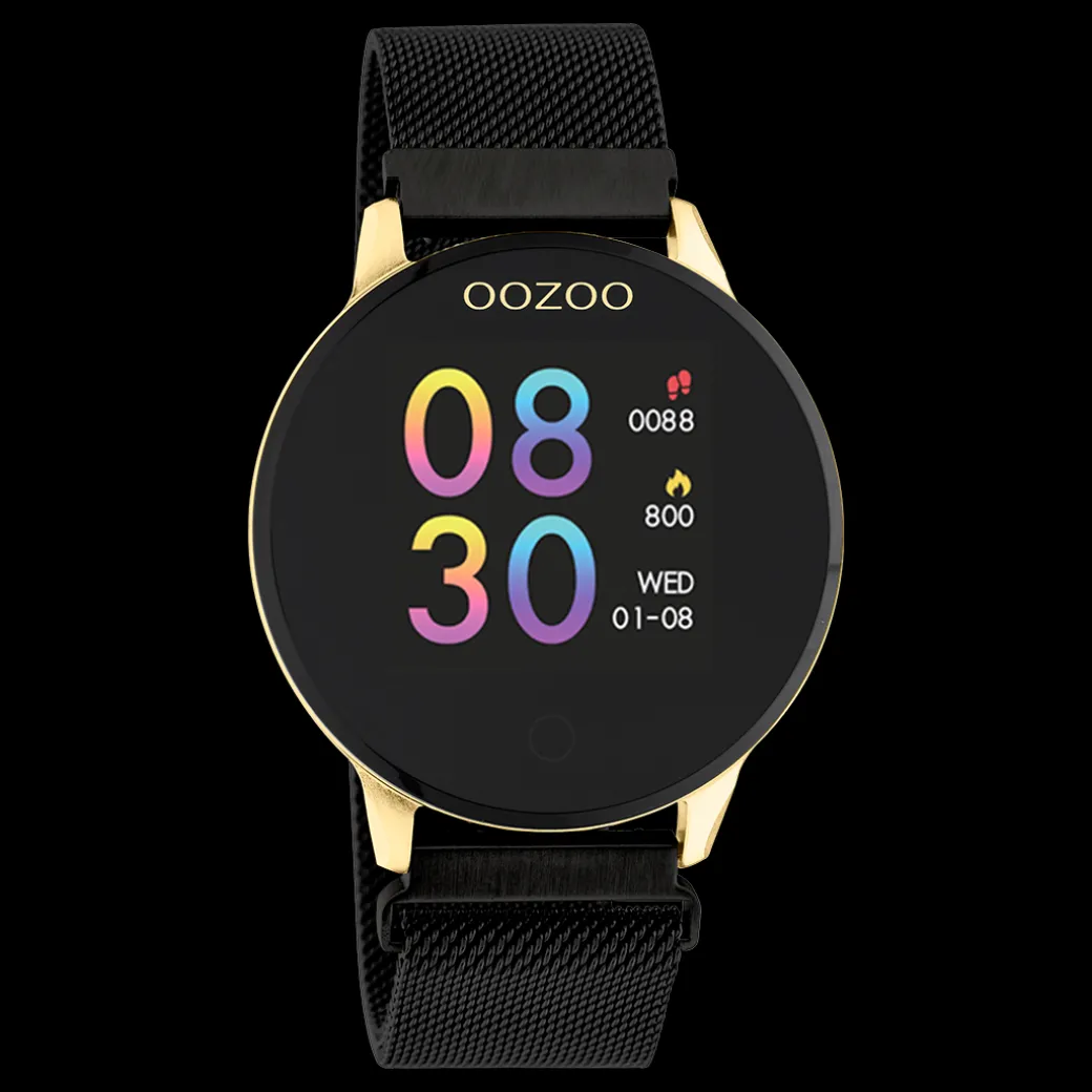Goudkleurige OOZOO smartwatch met zwarte metalen mesh armband - Q00122