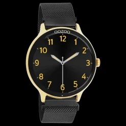 Goudkleurige OOZOO smartwatch met zwarte metalen mesh armband - Q00137