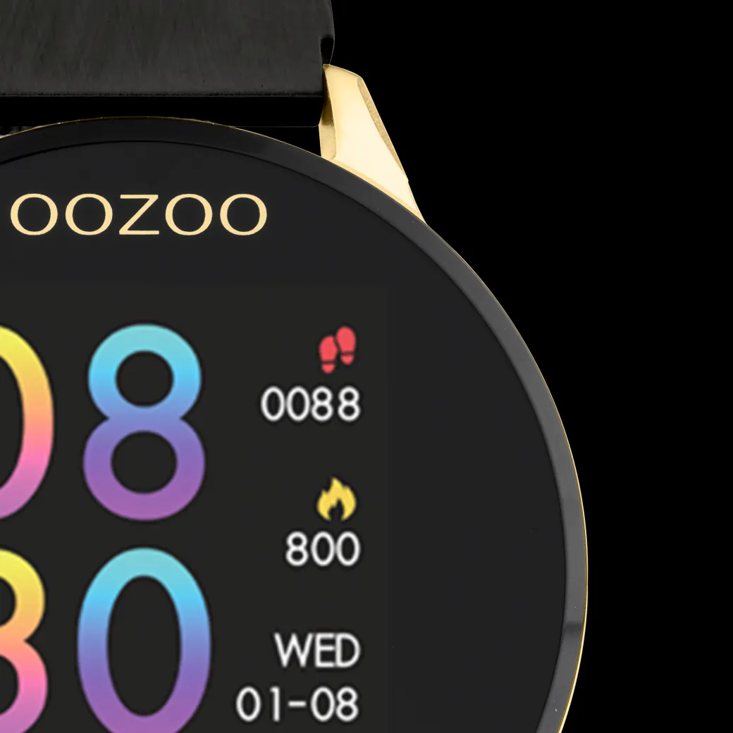 Goudkleurige OOZOO smartwatch met zwarte metalen mesh armband - Q00122