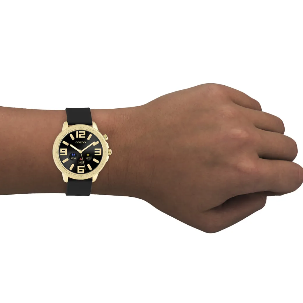 Goudkleurige OOZOO smartwatch met zwarte rubber band - Q00301