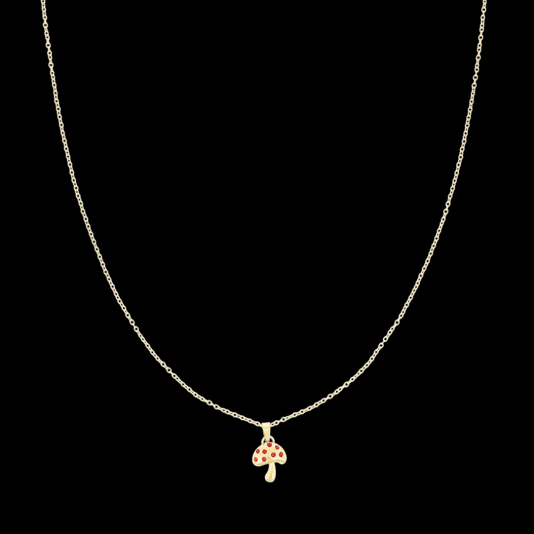 Goudkleurig/rode ketting met een paddenstoel bedeltje