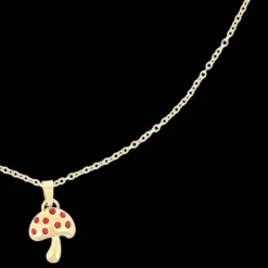 Goudkleurig/rode ketting met een paddenstoel bedeltje