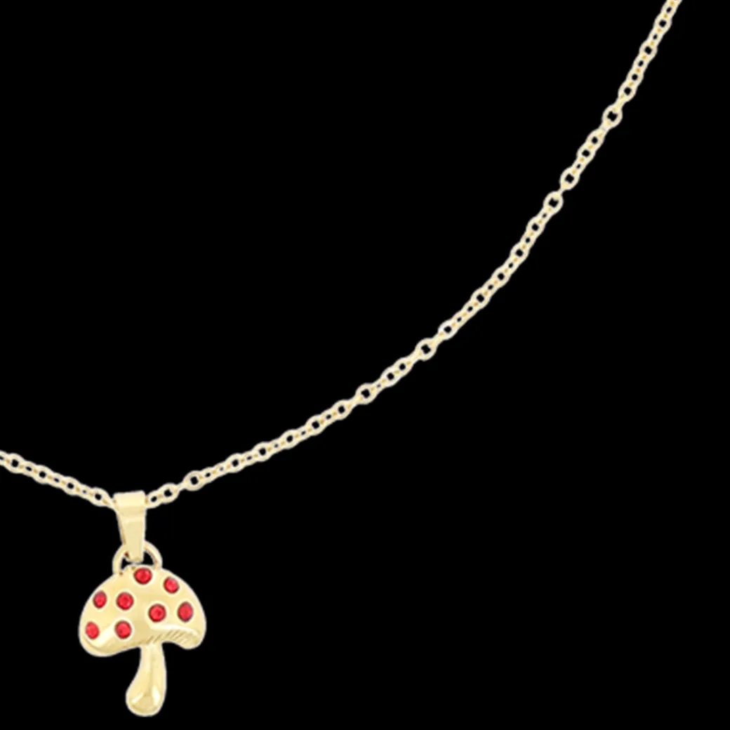 Goudkleurig/rode ketting met een paddenstoel bedeltje