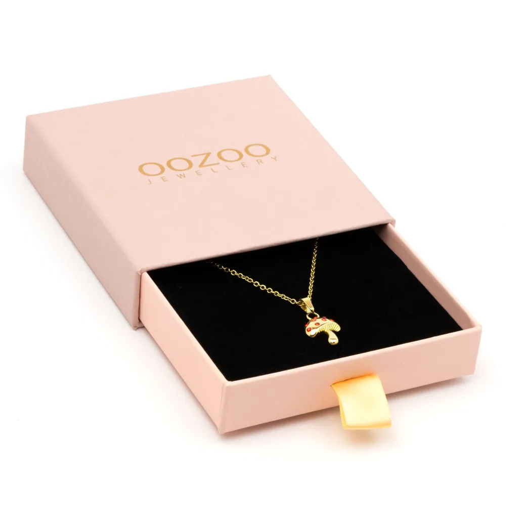 Goudkleurig/rode ketting met een paddenstoel bedeltje