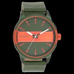 Groen/fluo oranje OOZOO horloge met groene leren band - C11318