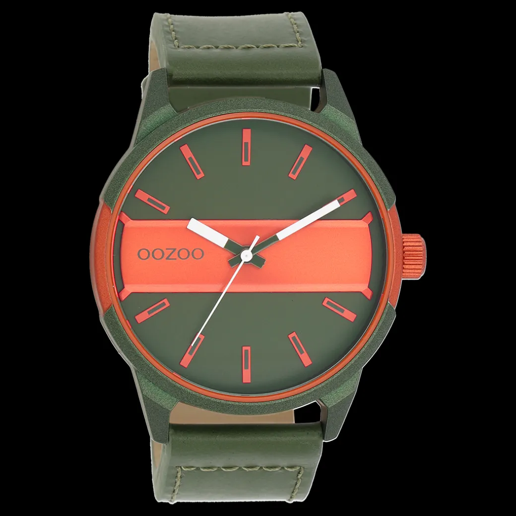 Groen/fluo oranje OOZOO horloge met groene leren band - C11318