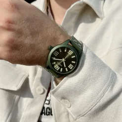 Licht blauwe OOZOO horloge met bos groene leren band - C1093