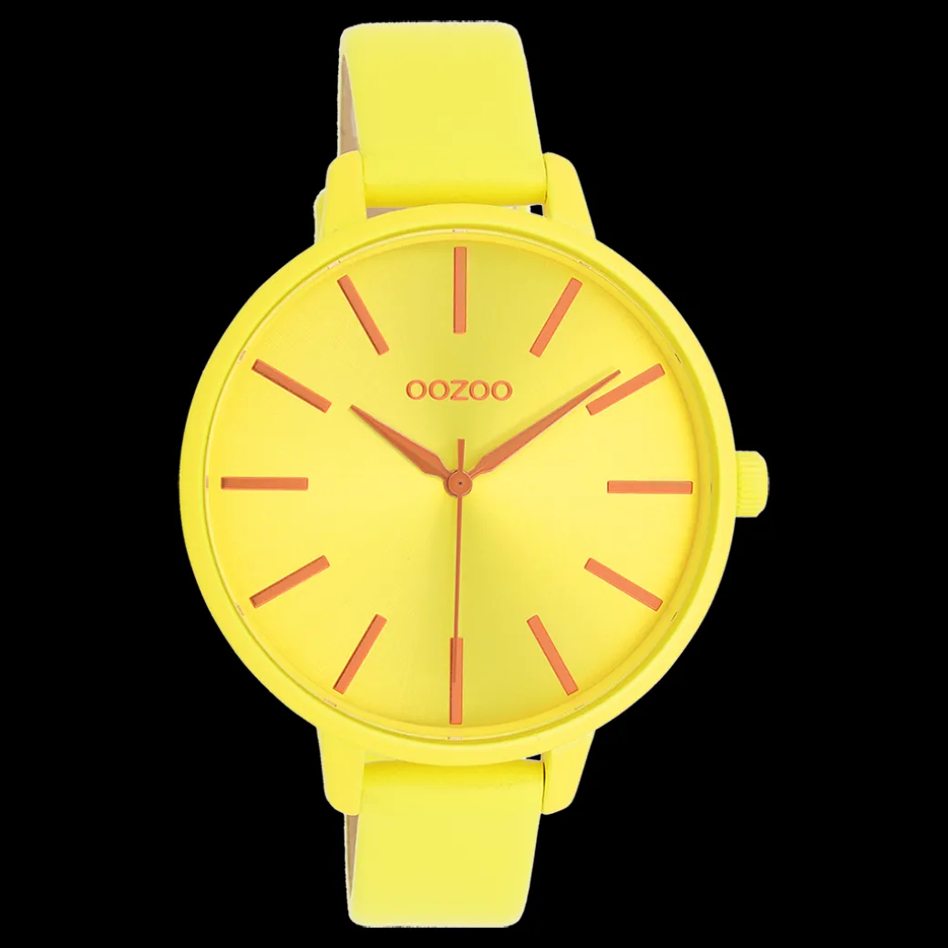 Neon gele OOZOO horloge met leren band - C11184